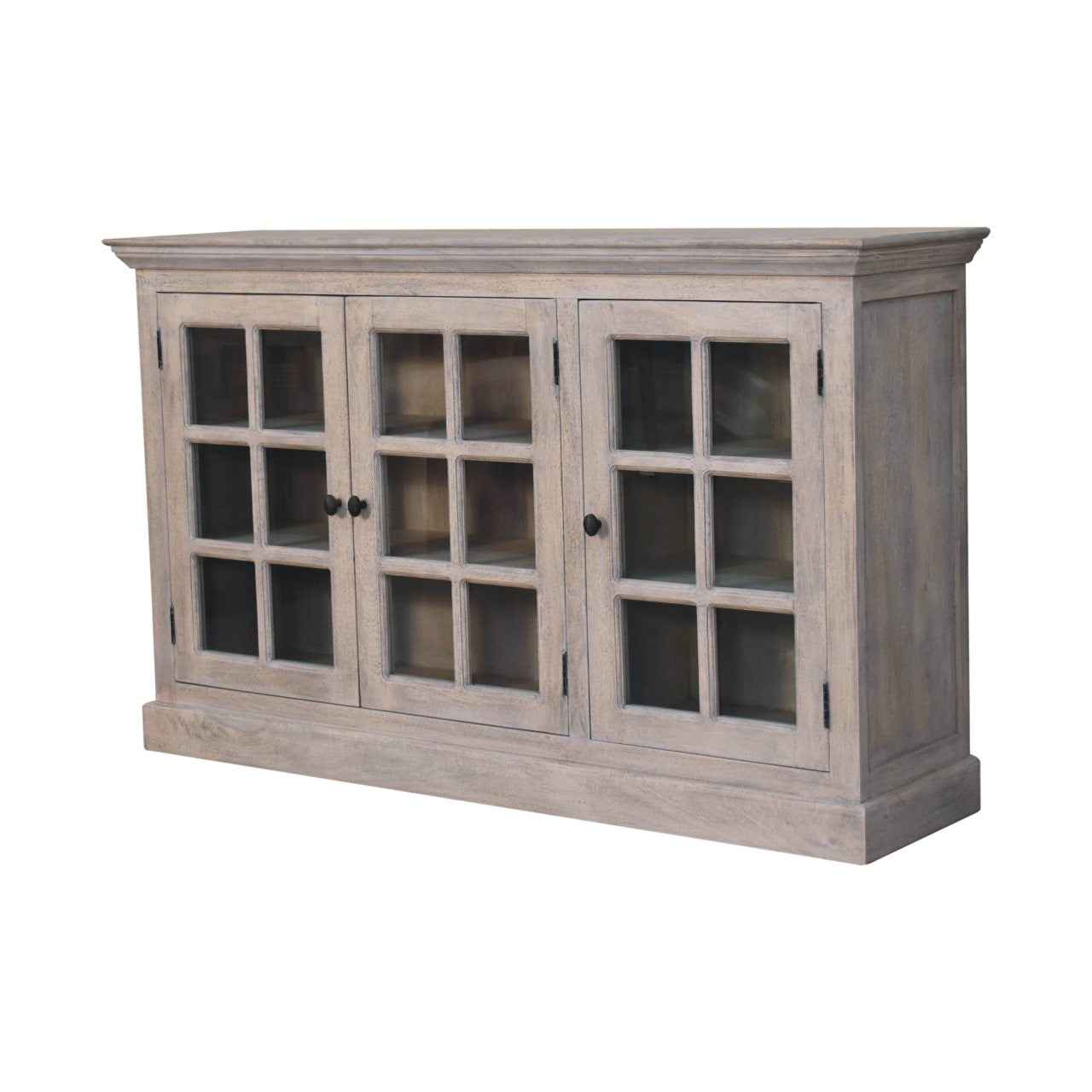 35" Light Gray and Clear Distressed Solid Wood Accent Cabinet With Three Doors