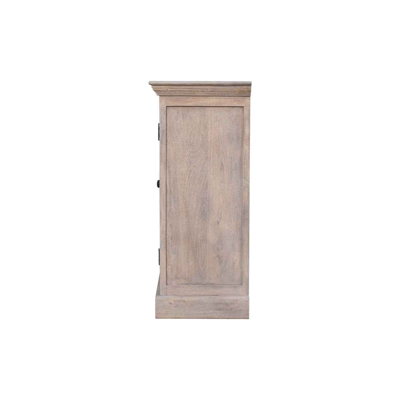 35" Light Gray and Clear Distressed Solid Wood Accent Cabinet With Three Doors