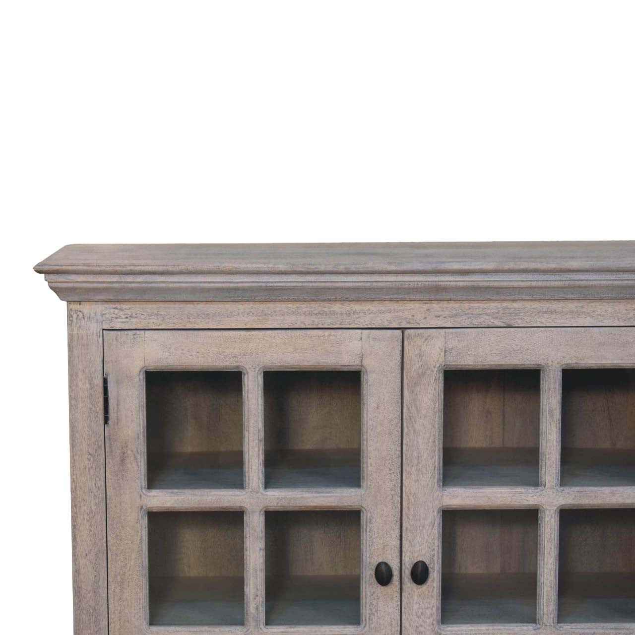 35" Light Gray and Clear Distressed Solid Wood Accent Cabinet With Three Doors