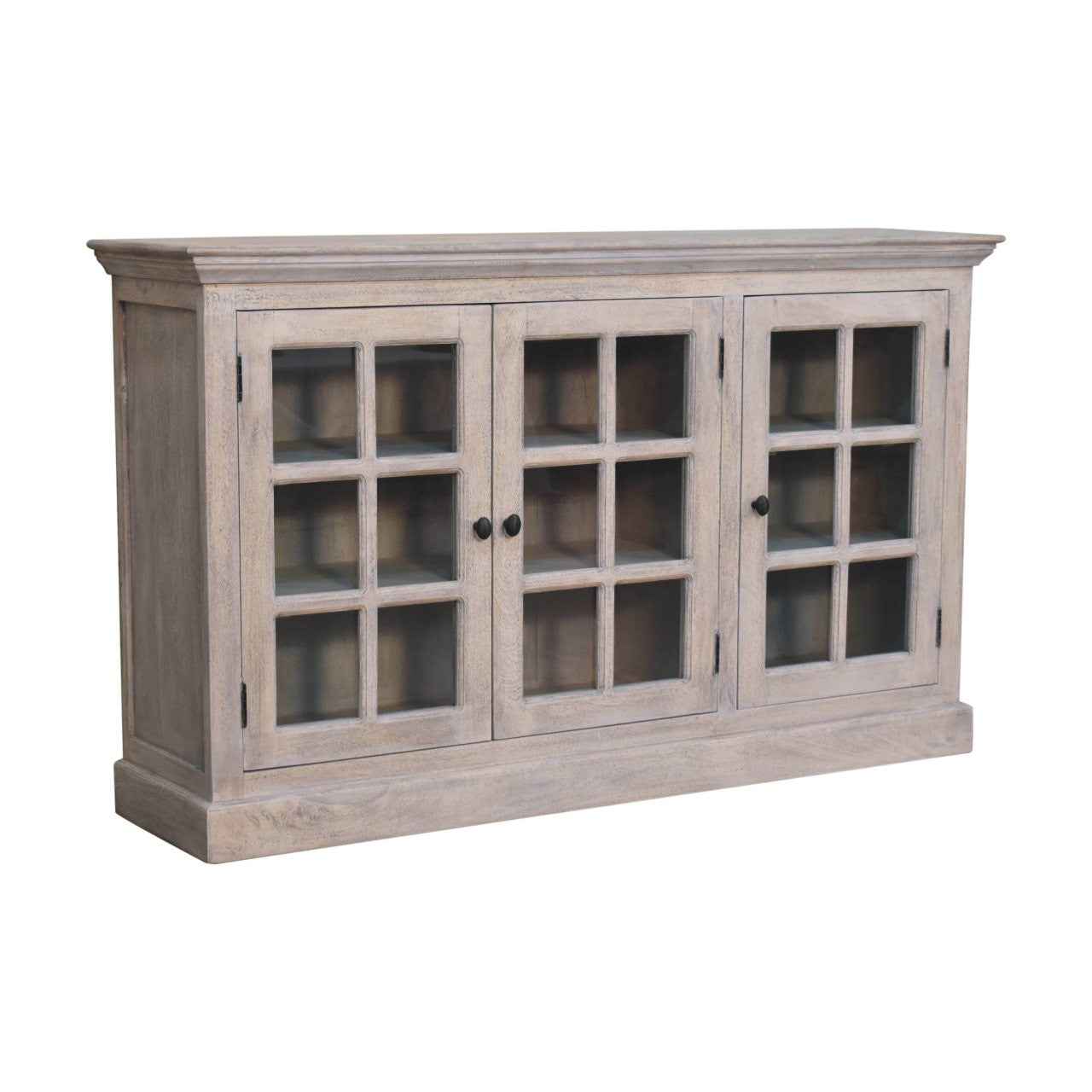35" Light Gray and Clear Distressed Solid Wood Accent Cabinet With Three Doors