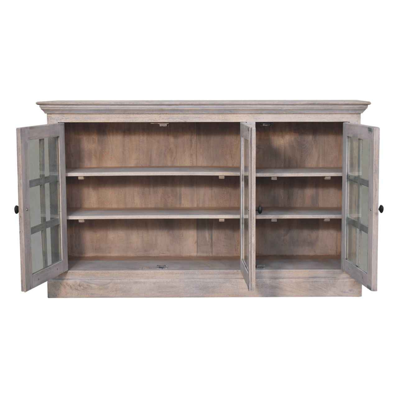 35" Light Gray and Clear Distressed Solid Wood Accent Cabinet With Three Doors