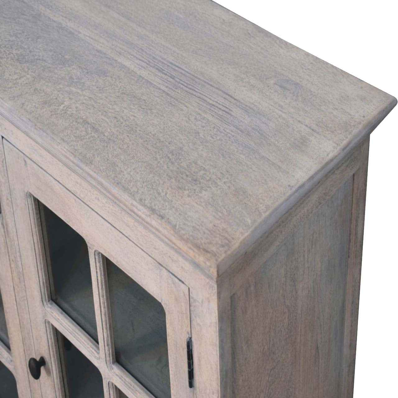 35" Light Gray and Clear Distressed Solid Wood Accent Cabinet With Three Doors