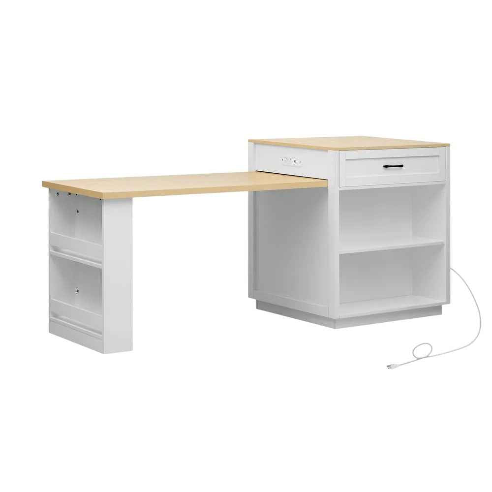 55" White And Natural Wood Rolling Kitchen Island With Storage