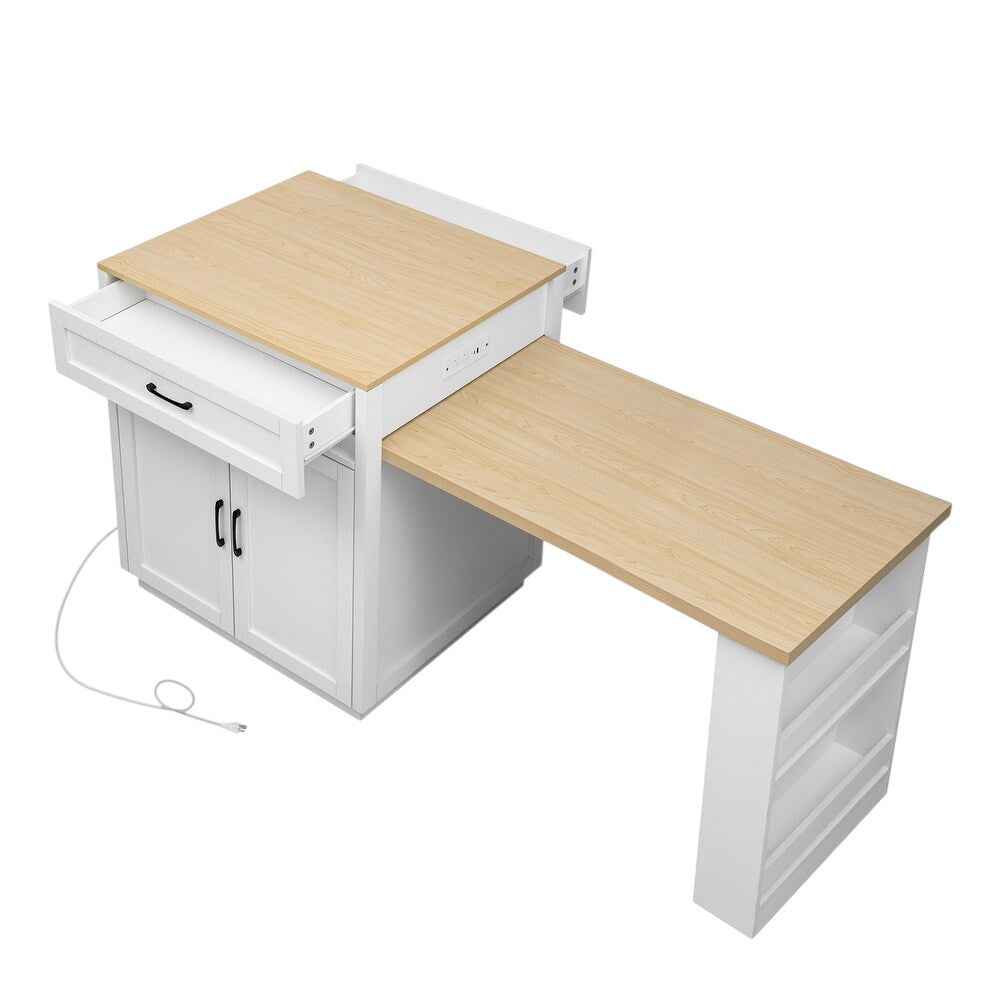 55" White And Natural Wood Rolling Kitchen Island With Storage