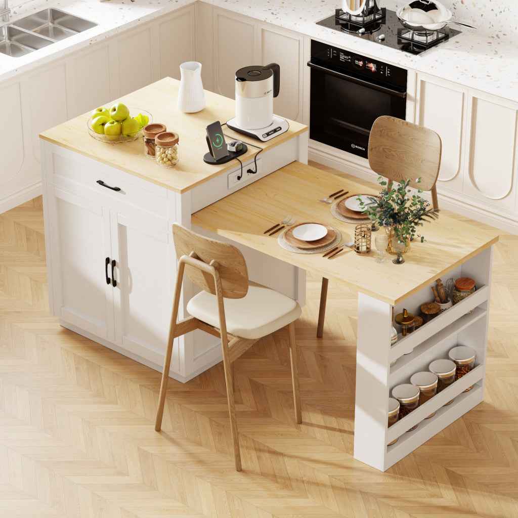 55" White And Natural Wood Rolling Kitchen Island With Storage
