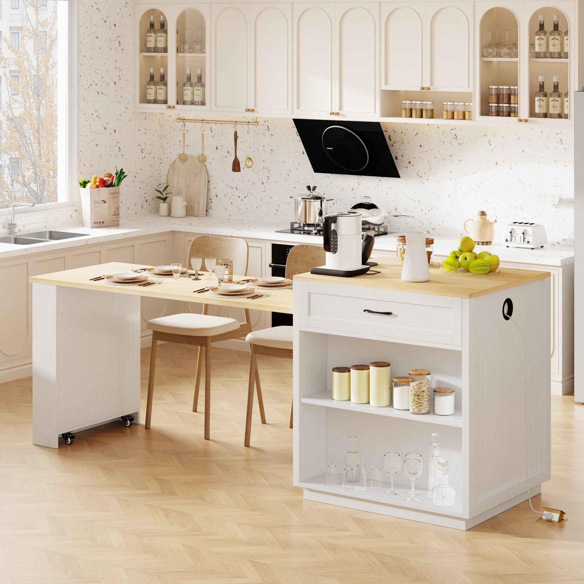 55" White And Natural Wood Rolling Kitchen Island With Storage