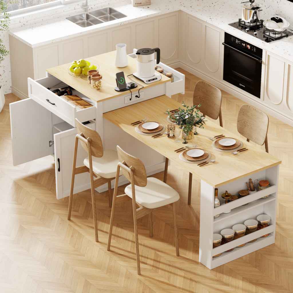 55" White And Natural Wood Rolling Kitchen Island With Storage