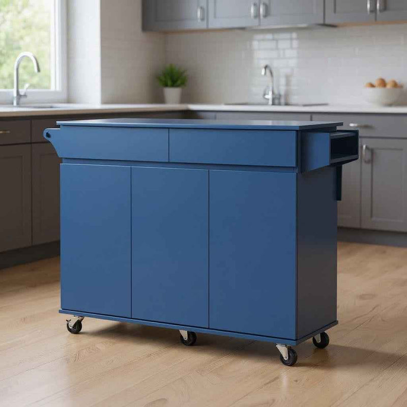 53" Navy Blue Wood Rolling Kitchen Island