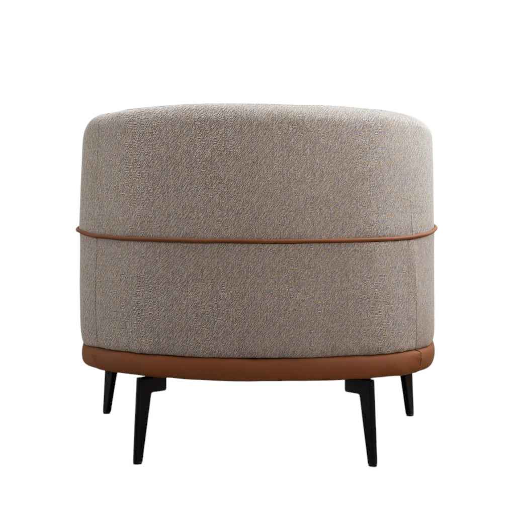 29" Beige Terra Cotta and Black Linen Upholstered Wood Barrel Chair