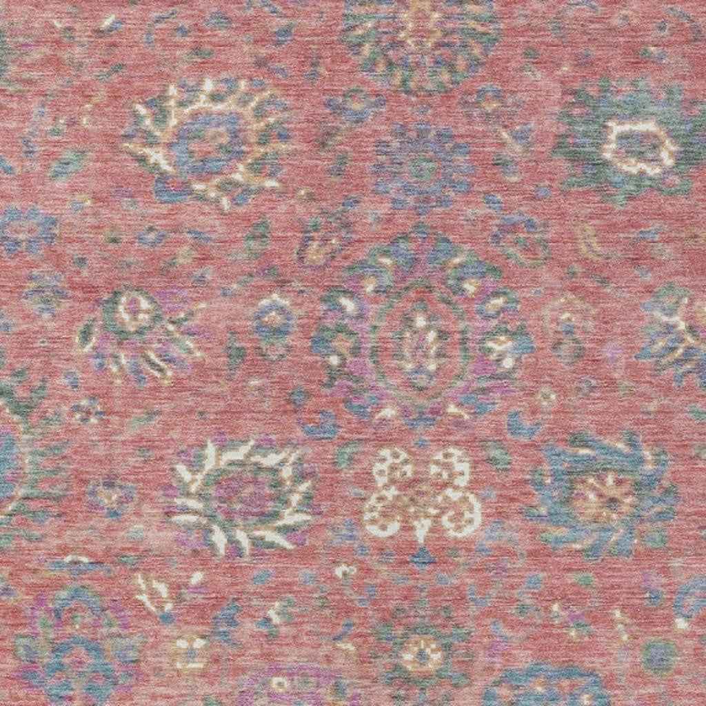9' X 12' Coral Plum And Blue Floral Washable Indoor Outdoor Area Rug