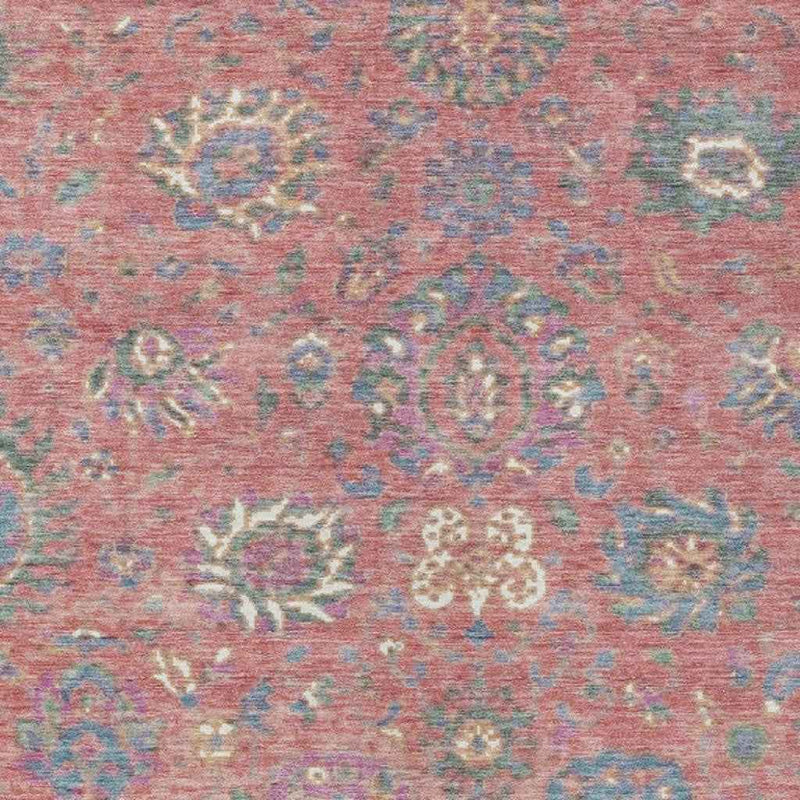 9' X 12' Coral Plum And Blue Floral Washable Indoor Outdoor Area Rug