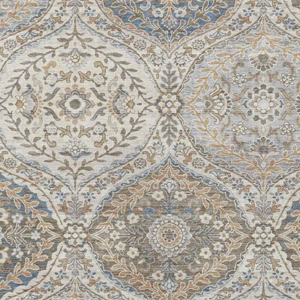 3' X 5' Beige Gold And Denim Blue Floral Washable Indoor Outdoor Area Rug