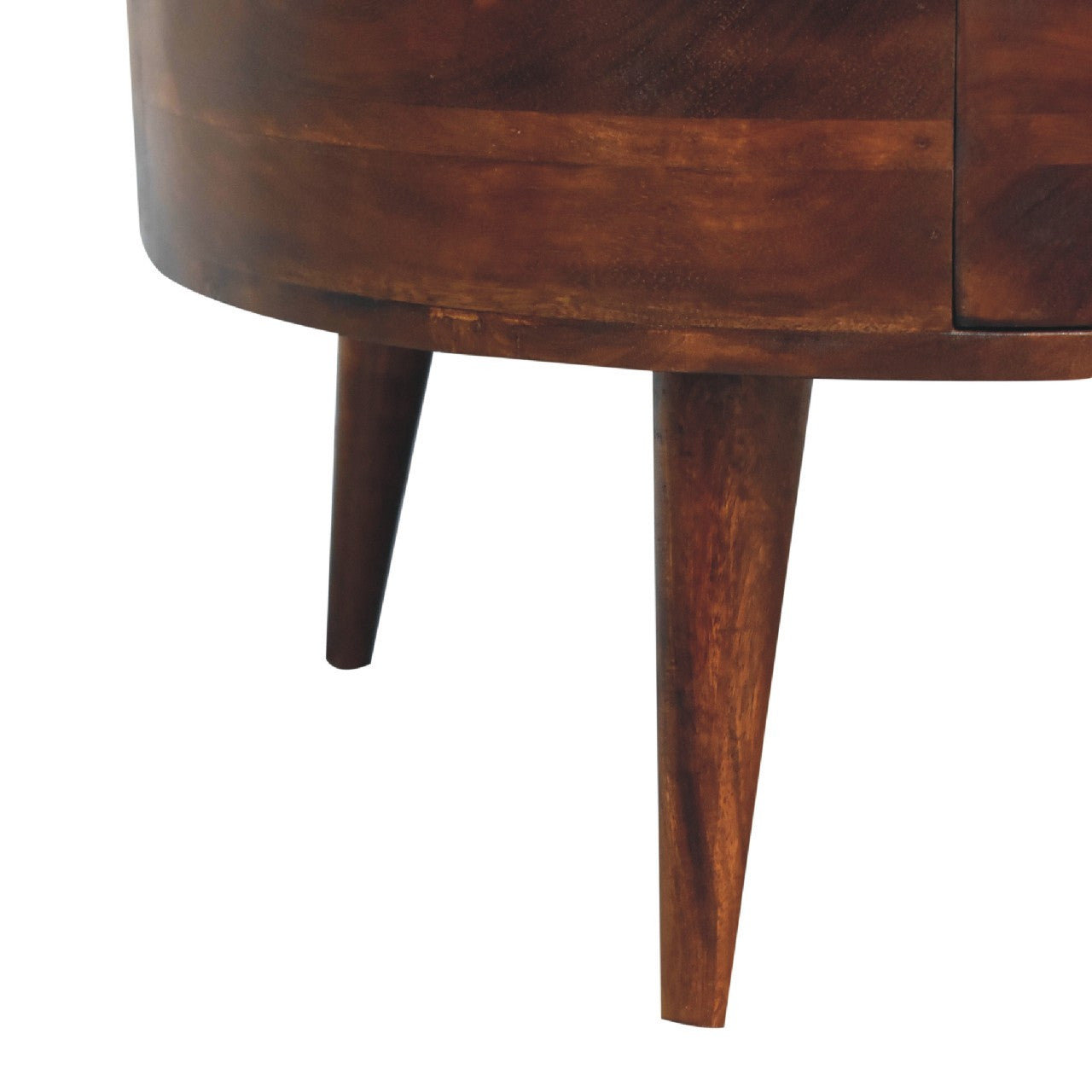Round chestnut wood coffee table with two taper legs and front drawer opening