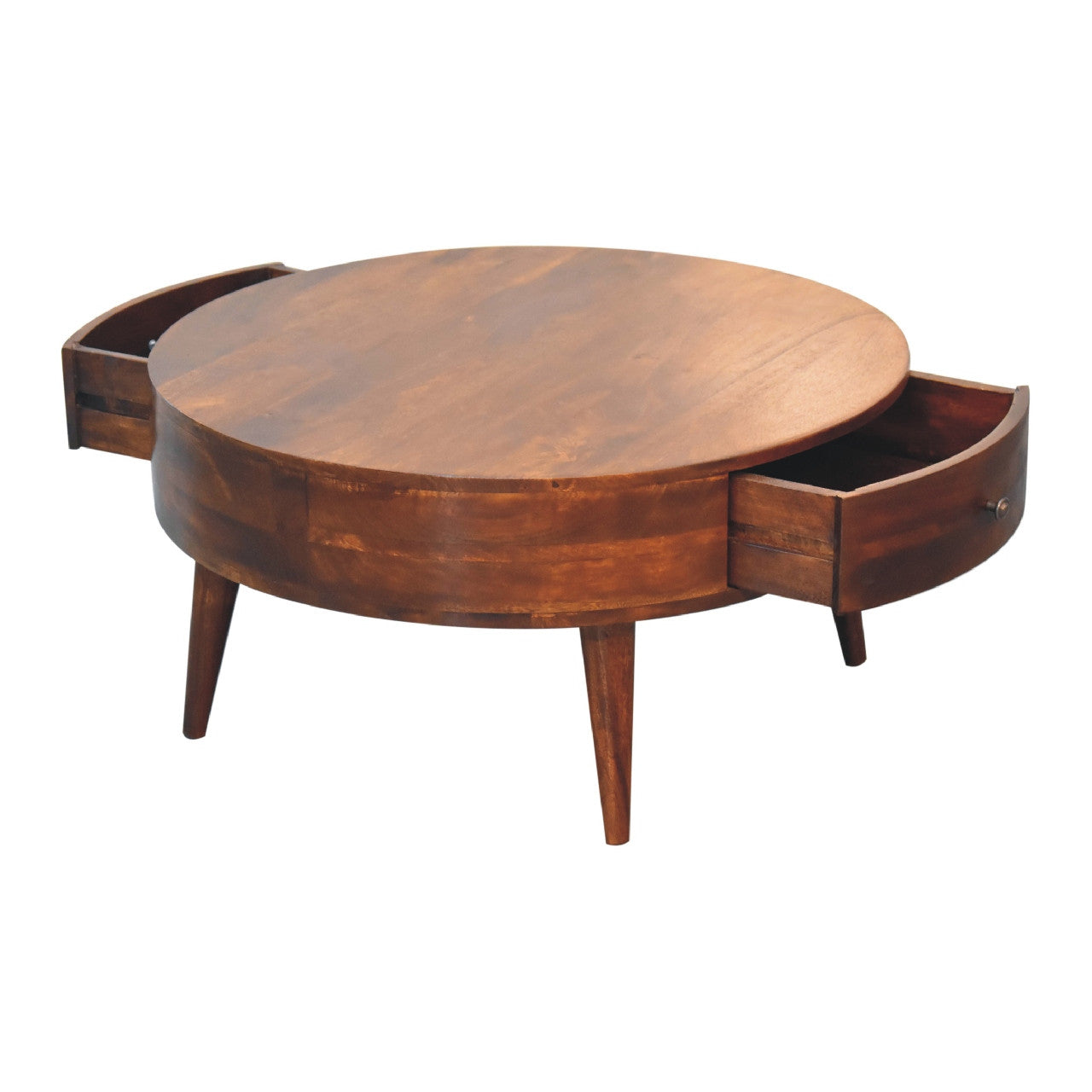 Round coffee table with open side drawer trough and curved legs