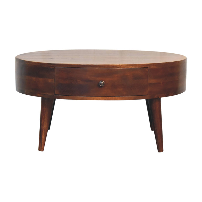 Round chestnut wood coffee table with center front drawer and tapered legs