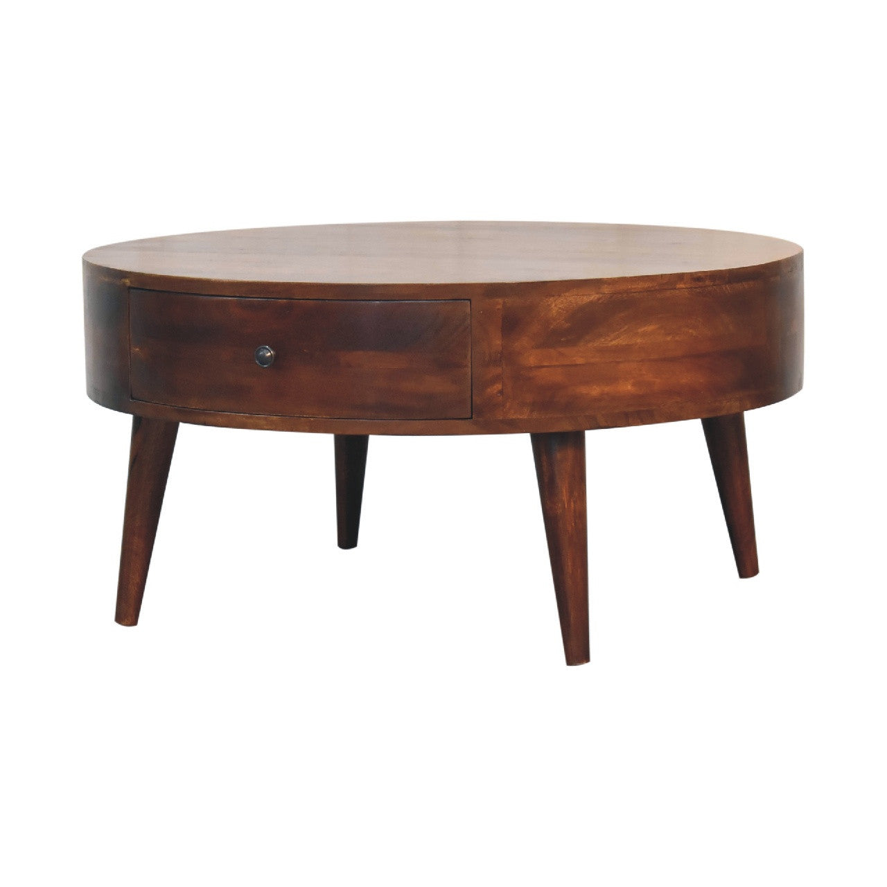 Round chestnut wood coffee table with front drawer and tapered legs