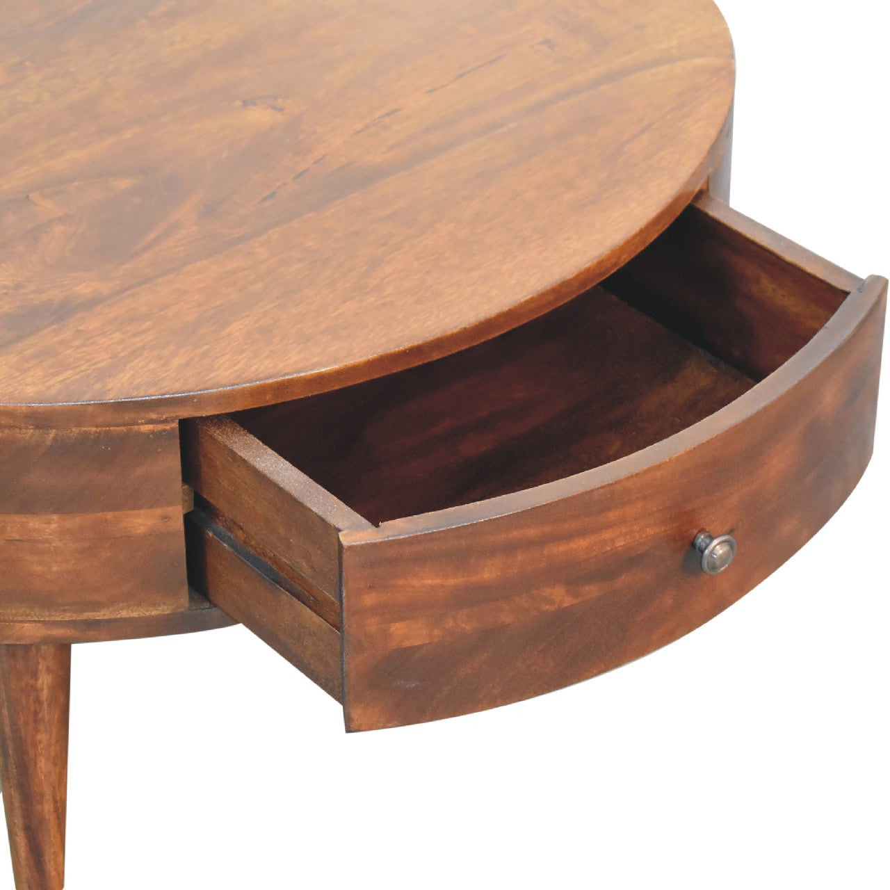 Round wood coffee table with open drawer compartment and round metal knob