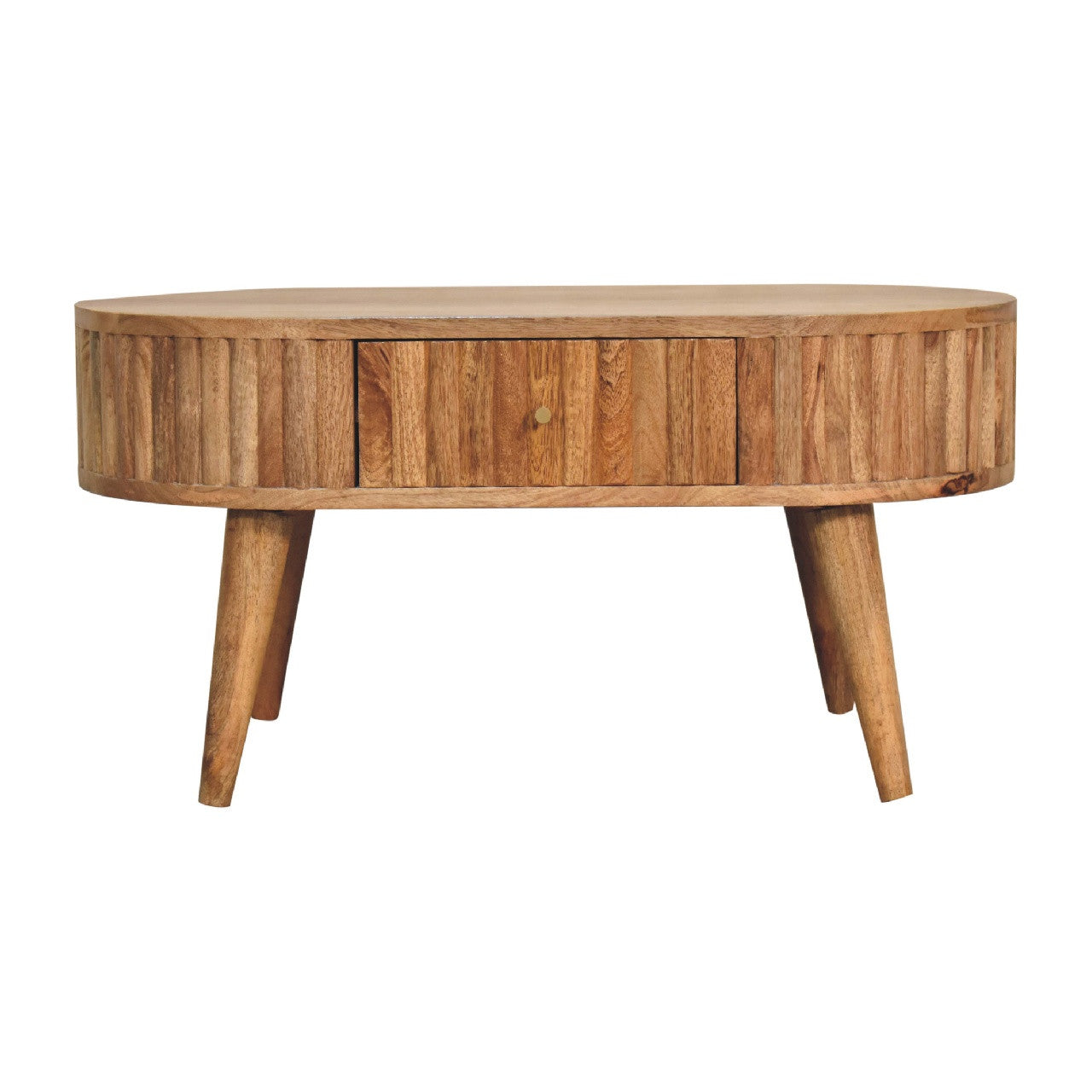 Oval solid wood coffee table with two drawers, rounded top and tapered legs