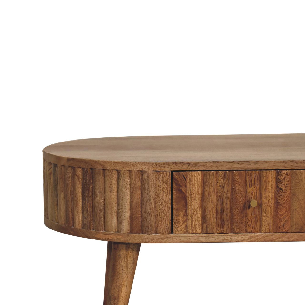 Solid wood oval coffee table side with drawer and brass-tone round pull