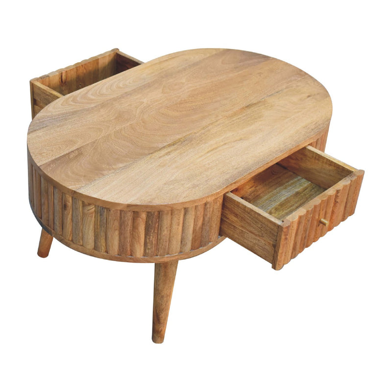 Oval coffee table with open drawer storage under a rounded tabletop