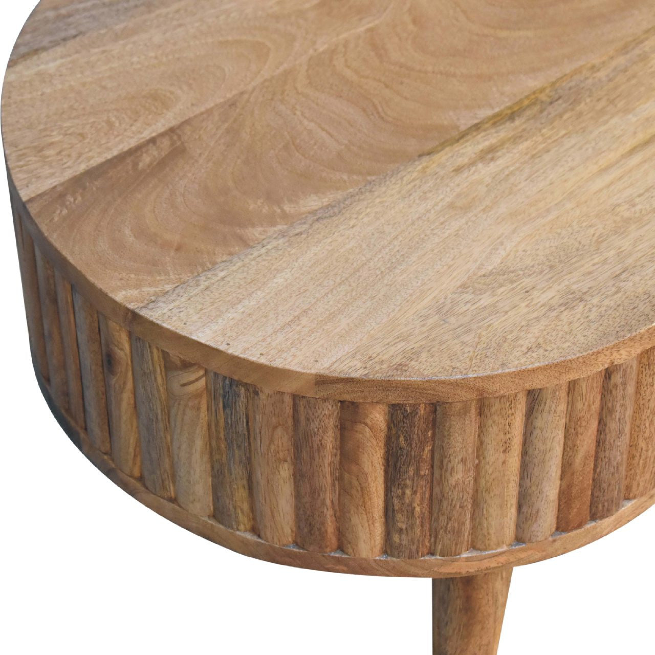 Oval solid wood tabletop close-up with rounded edge and visible wood grain