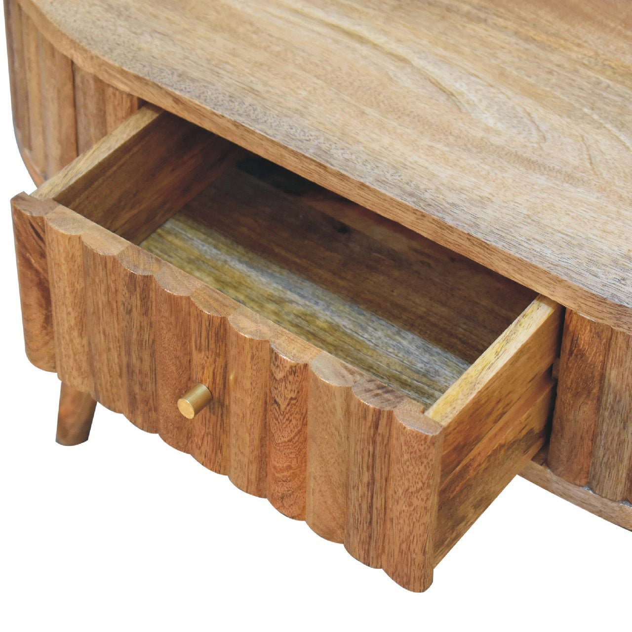 Oval coffee table with open drawers showing wood interior compartments