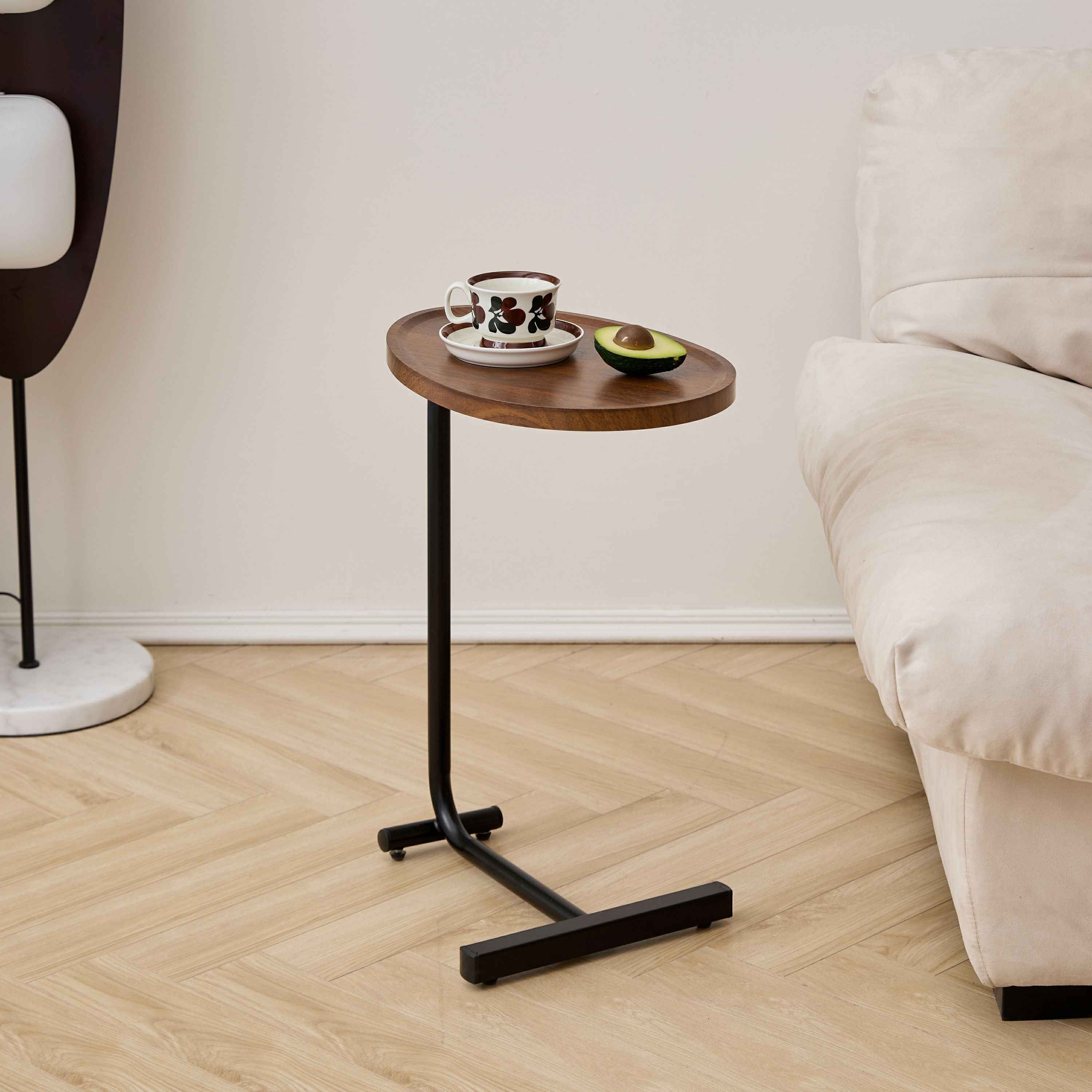 Set of Two Brown and Black Wood and Metal Oval End Tables