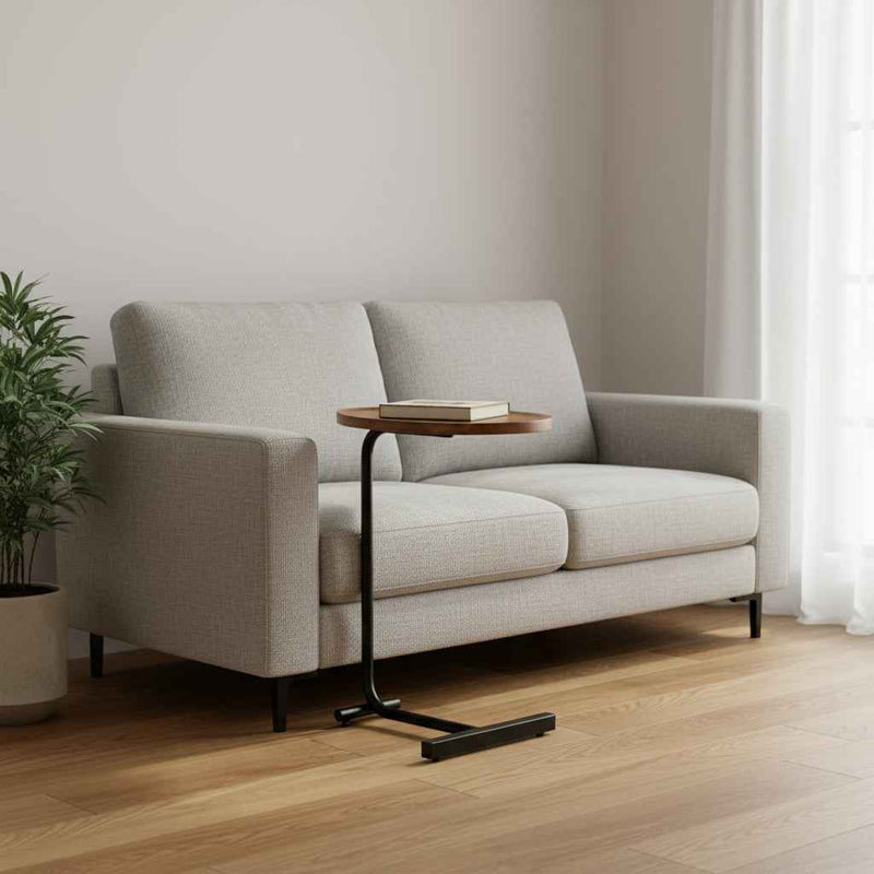 Set of Two Brown and Black Wood and Metal Oval End Tables