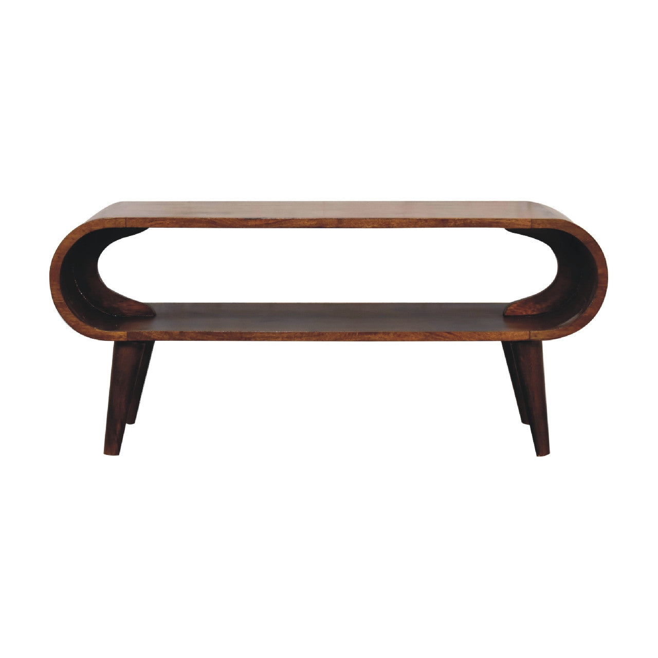 Chestnut solid wood coffee table with oval cutout apron and tapered legs.