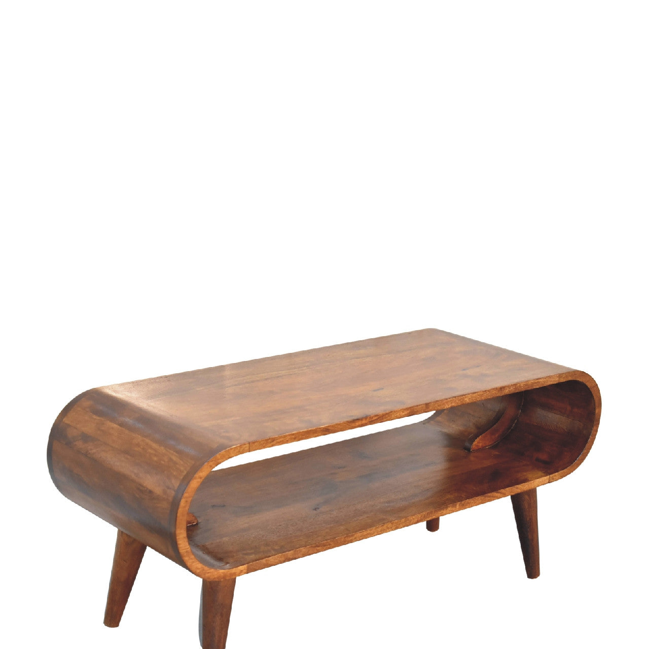 Chestnut solid wood coffee table with oval cutout apron and tapered legs.