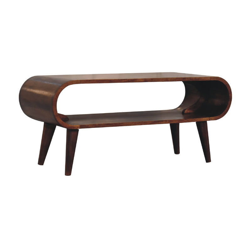 Chestnut solid wood coffee table with oval front cutout and four tapered legs.