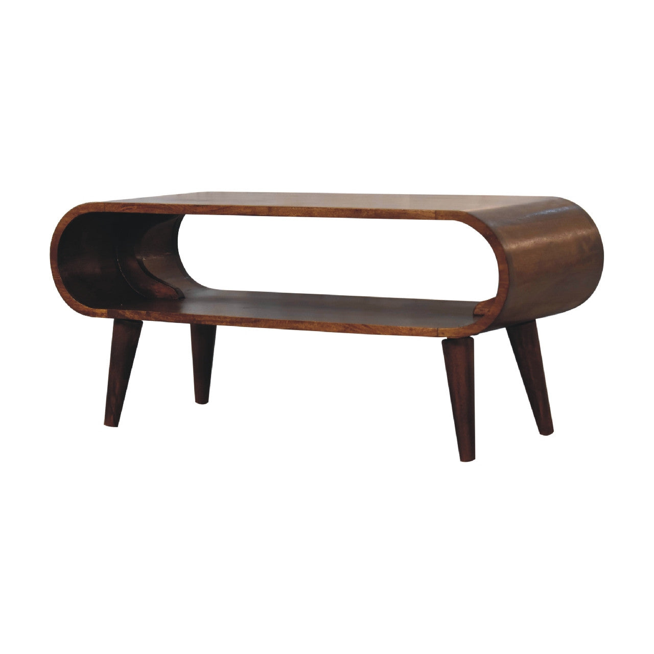 Chestnut wood coffee table with rounded rectangular top edge and oval cutout apron.