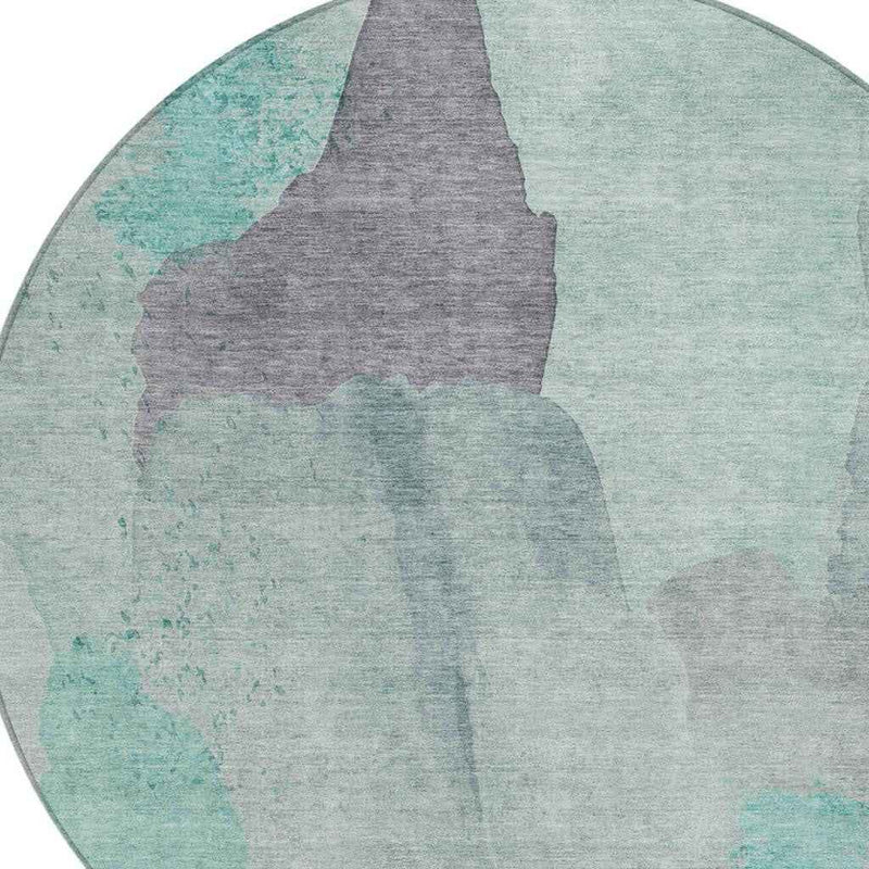 8' Teal Blue And Aqua Round Abstract Washable Indoor Outdoor Area Rug