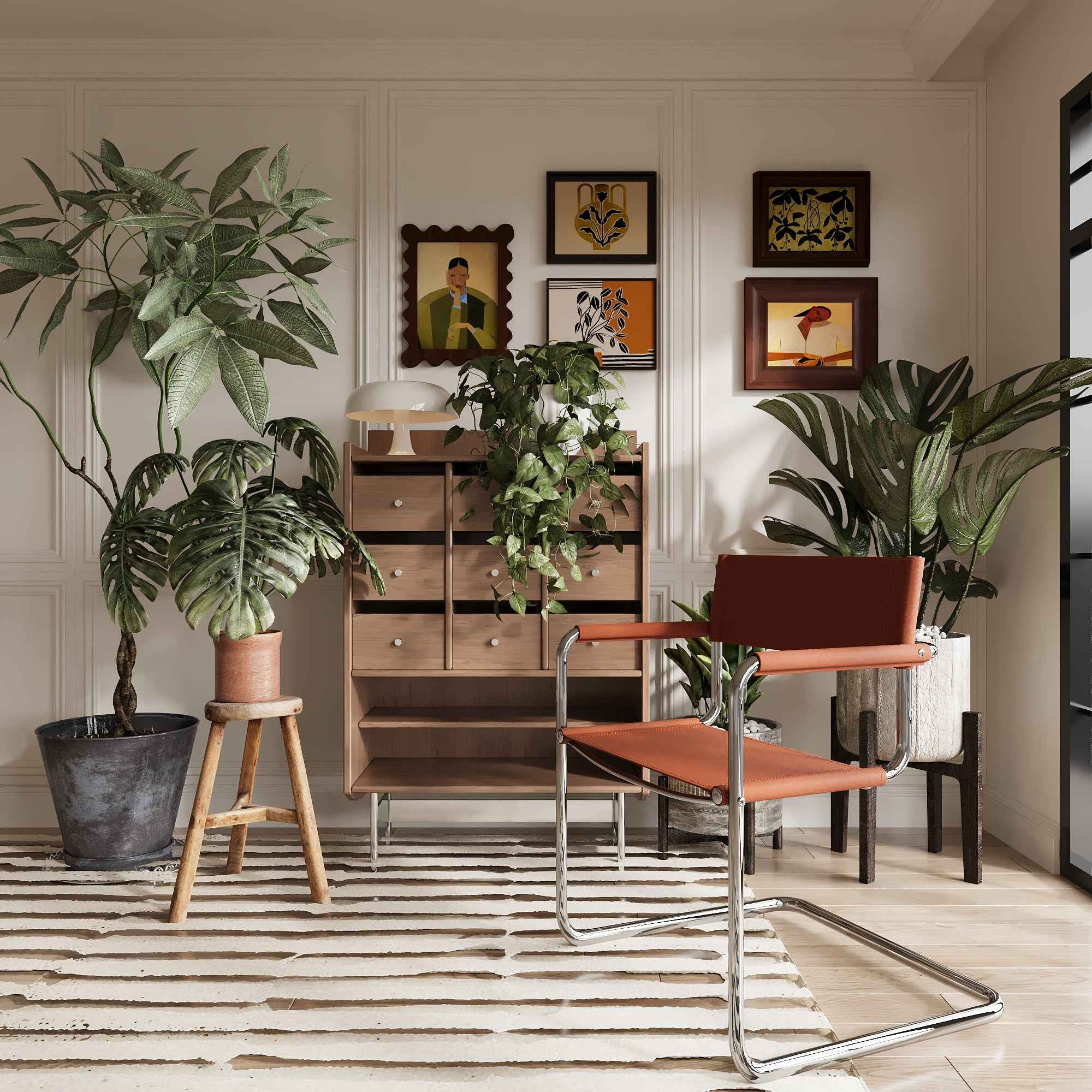 23" Silver And Terra Cotta Leather and Stainless Steel Arm Chair