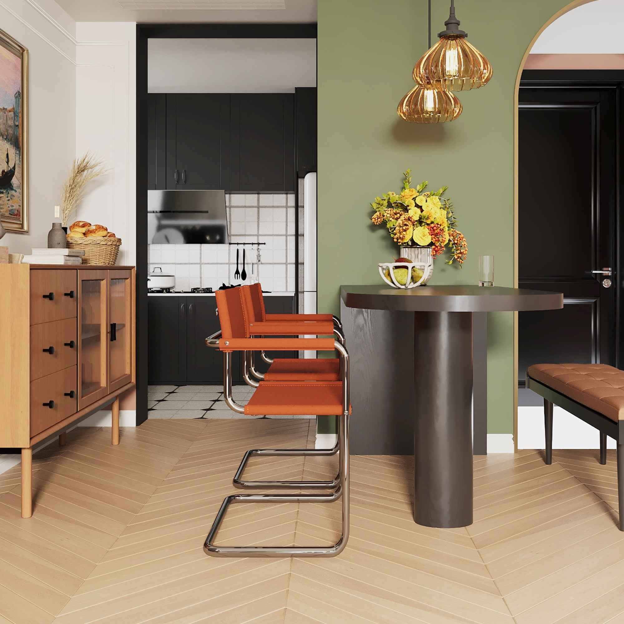 23" Silver And Terra Cotta Leather and Stainless Steel Arm Chair