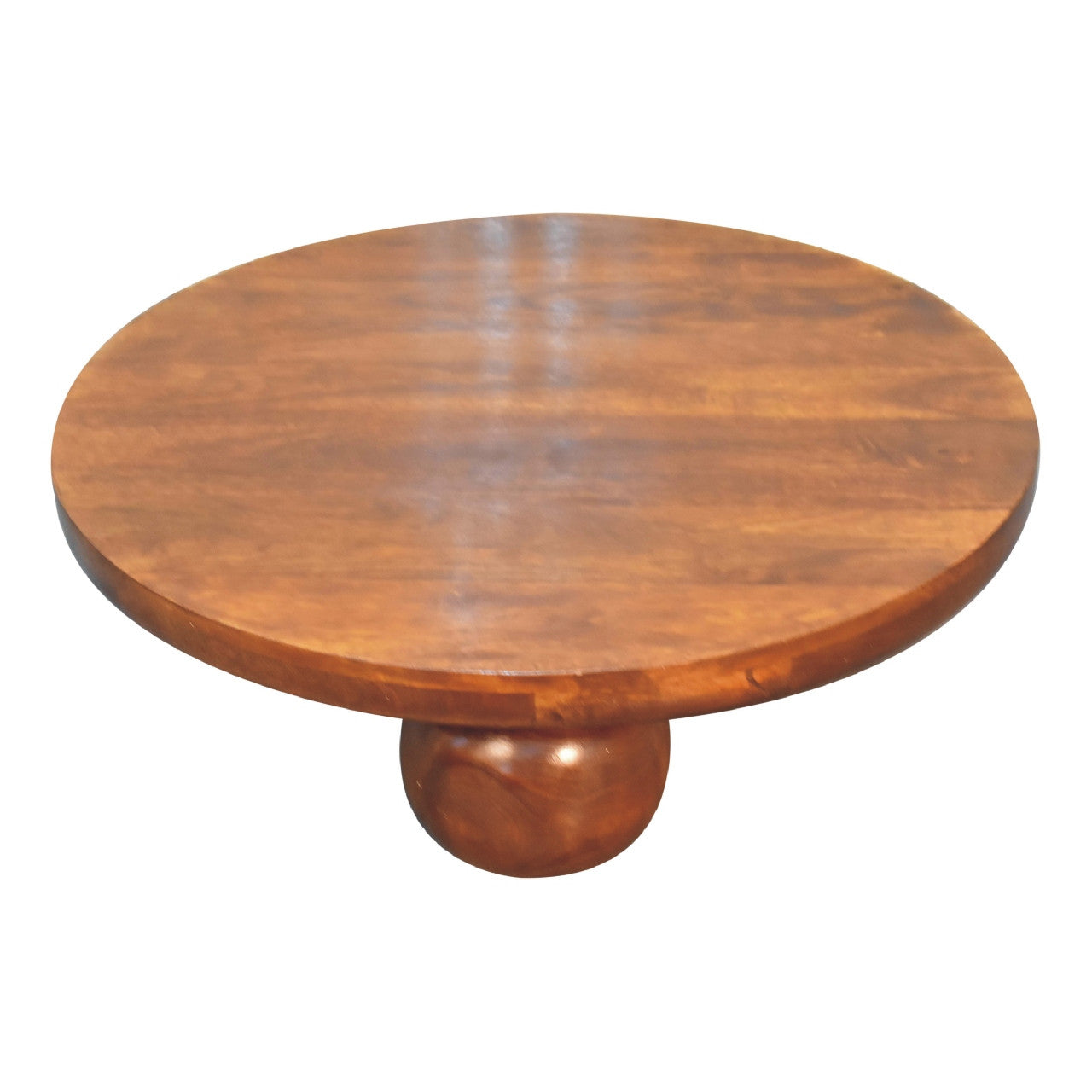 Round chestnut solid-wood coffee table top with pedestal base and wood grain.