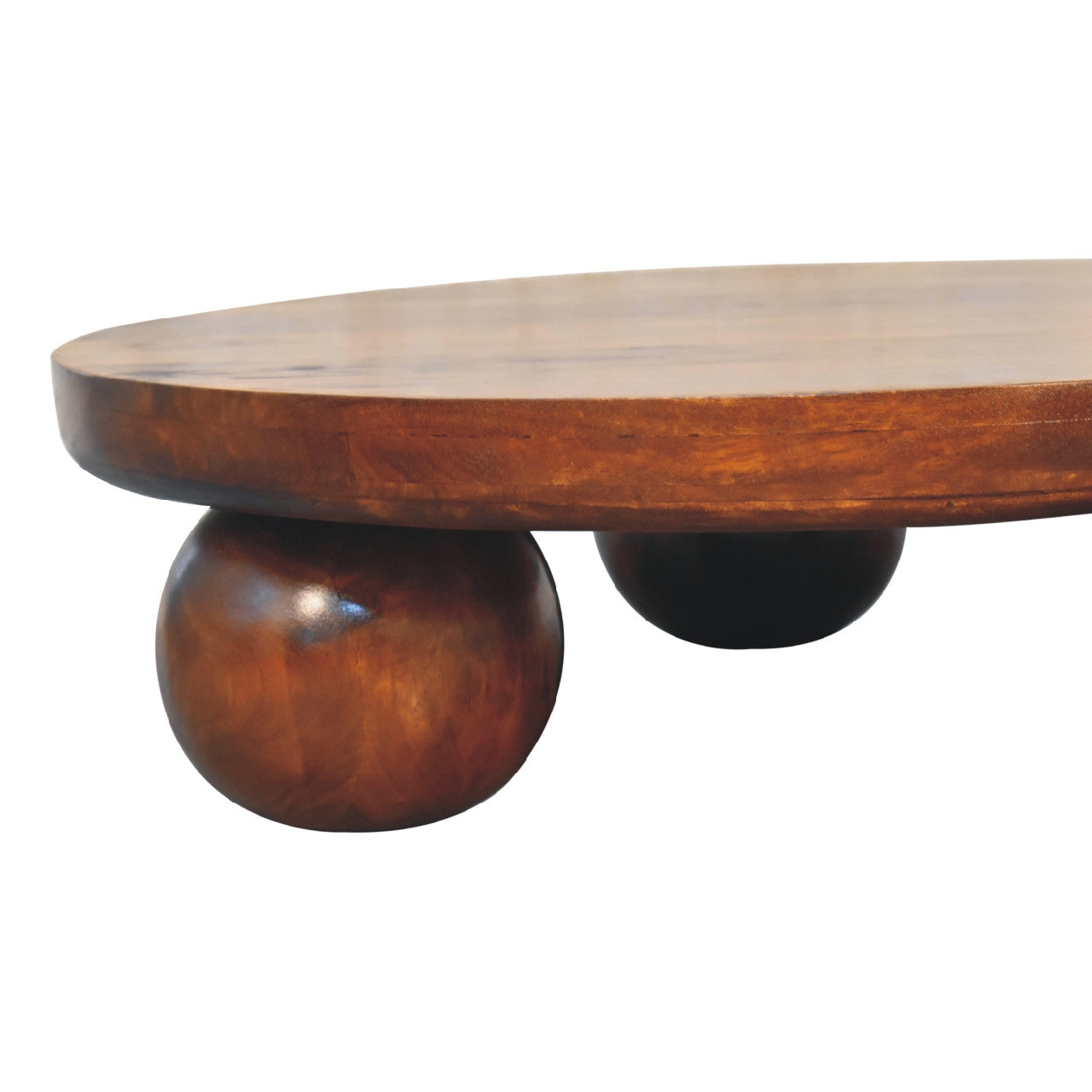 Chestnut round coffee table with thick rim and rounded pedestal legs.