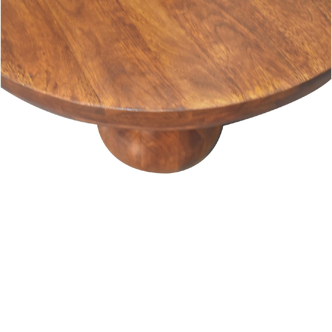 Round chestnut solid wood table edge with rounded corner support leg.