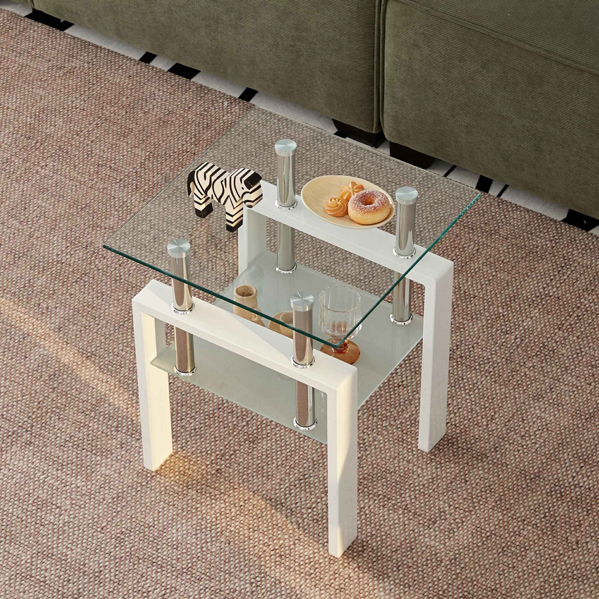 20" Clear and White Glass and Metal Square End Table With Shelf