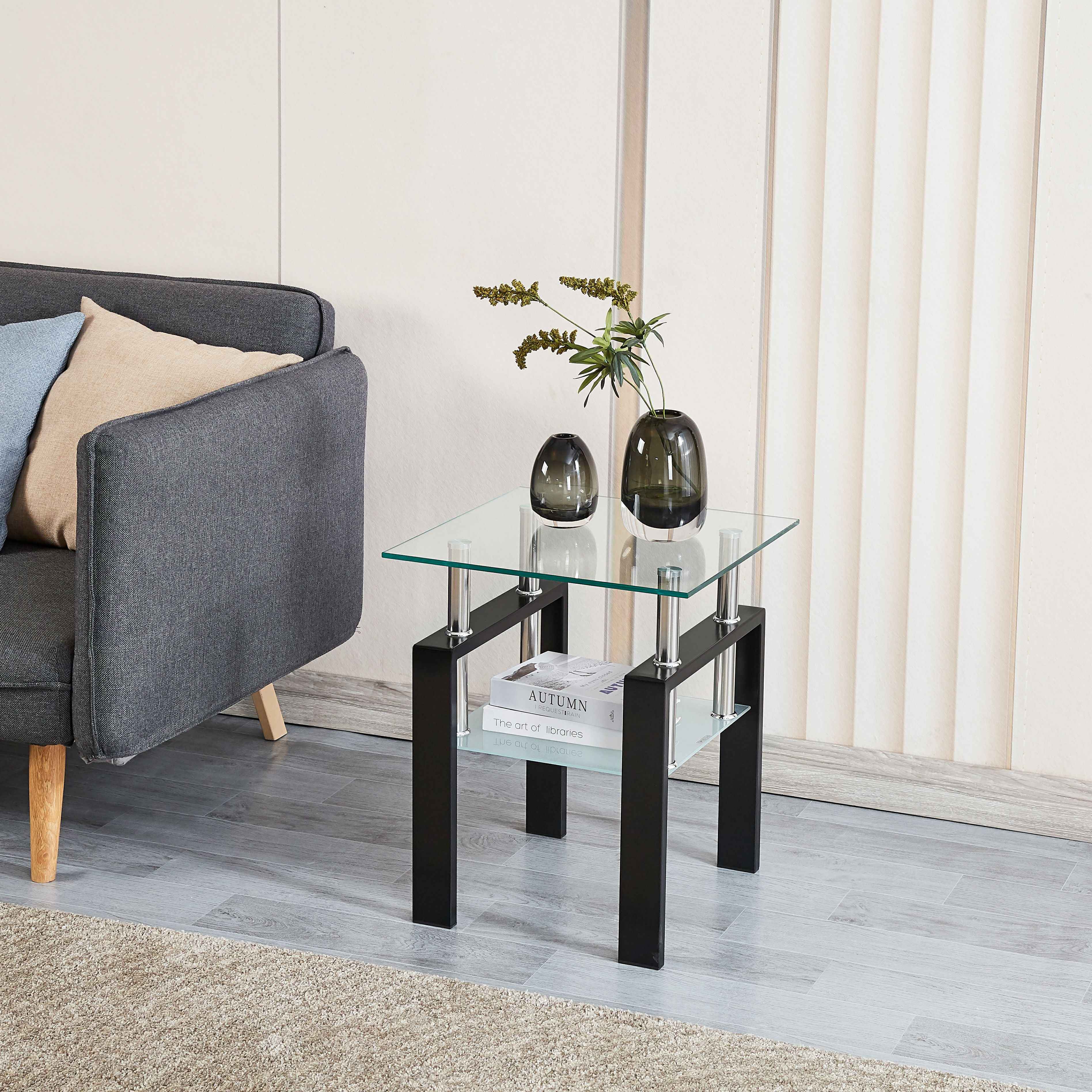 Set of Two Clear and Black Glass and Metal Square End Tables With Shelf