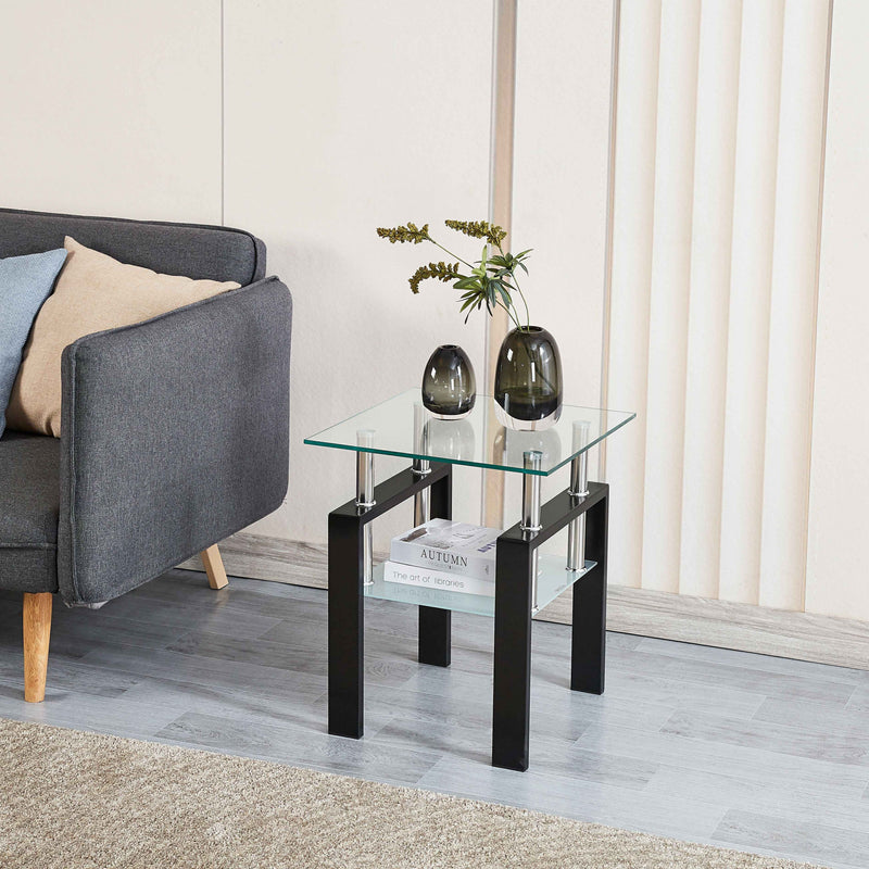Set of Two Clear and Black Glass and Metal Square End Tables With Shelf