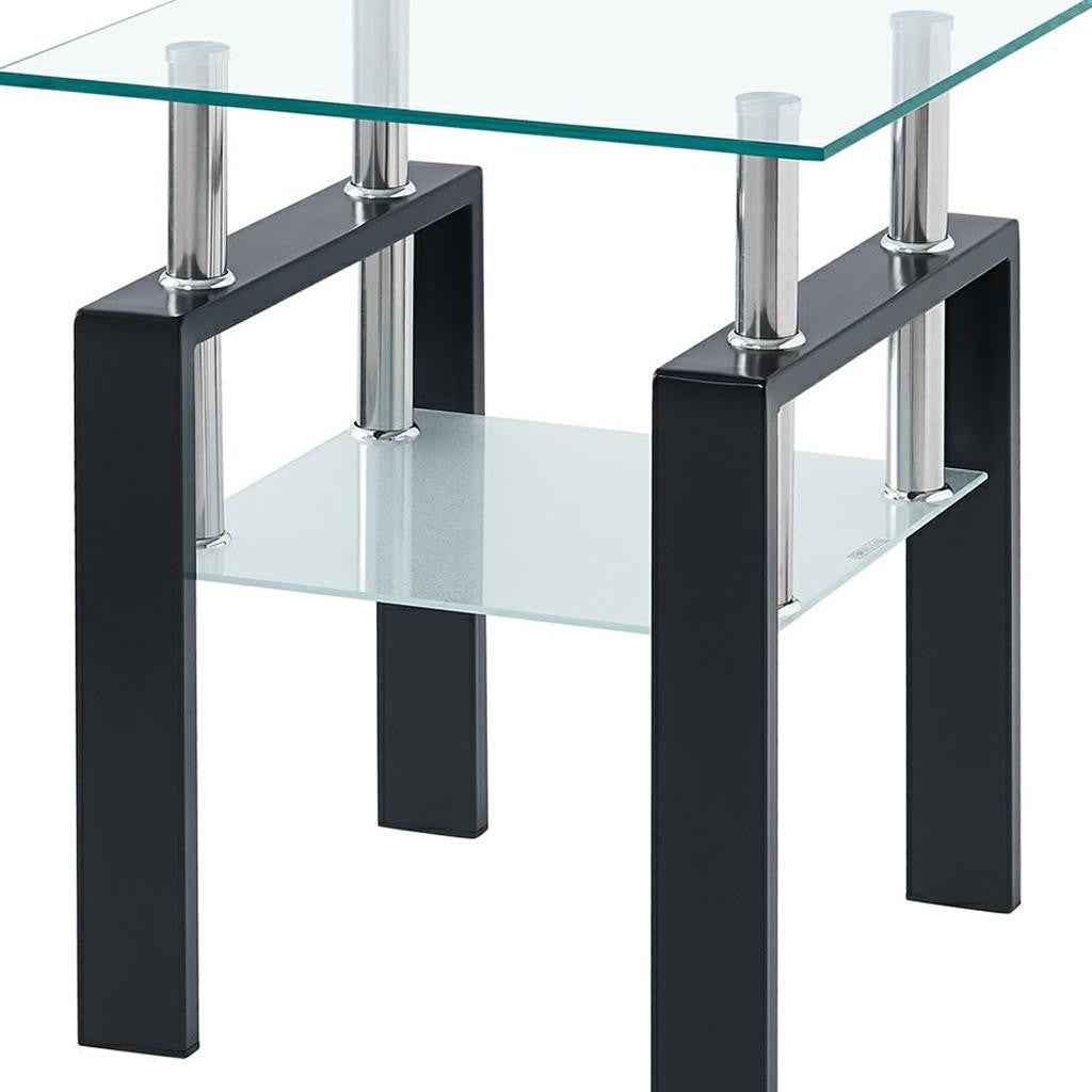 Set of Two Clear and Black Glass and Metal Square End Tables With Shelf