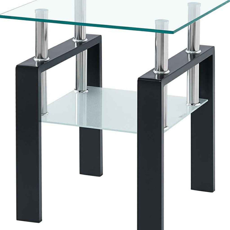 Set of Two Clear and Black Glass and Metal Square End Tables With Shelf
