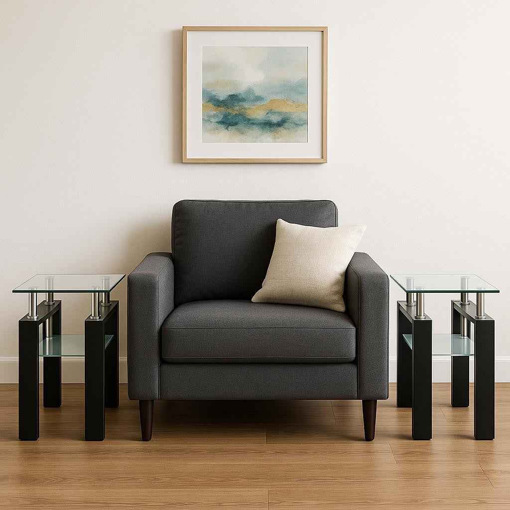 Set of Two Clear and Black Glass and Metal Square End Tables With Shelf