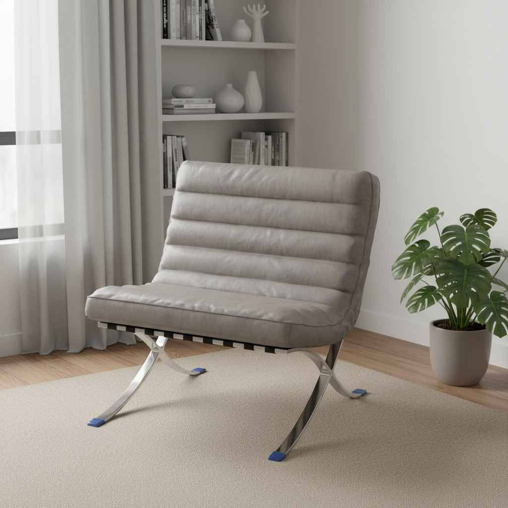 29" Gray and Silver Tufted Leather and Upholstered Folding Lounge Chair