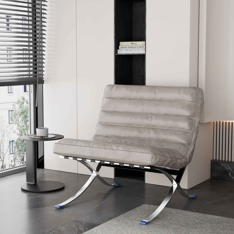 29" Gray and Silver Tufted Leather and Upholstered Folding Lounge Chair