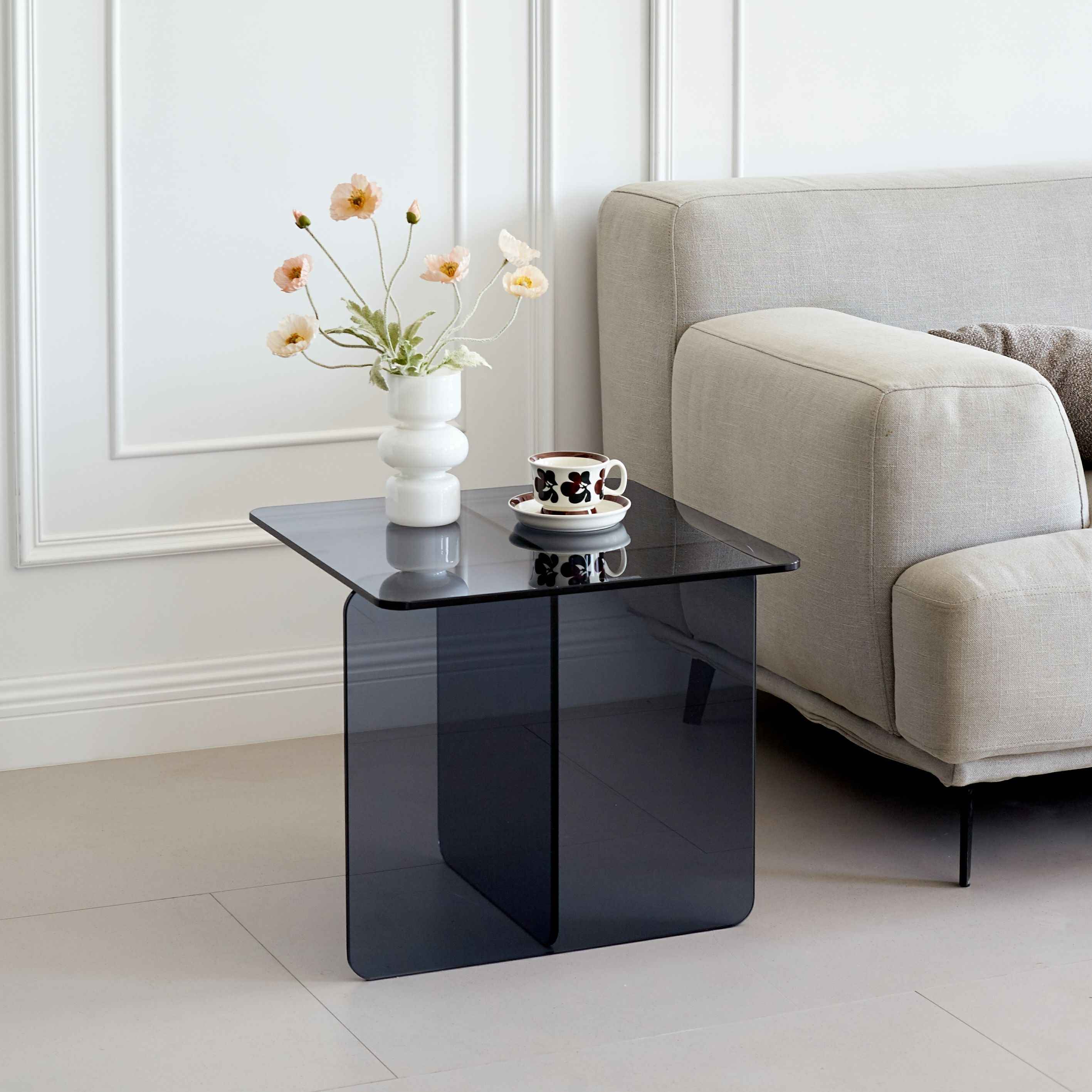 16" Smoky Black Glass Square Cross Legs End Table