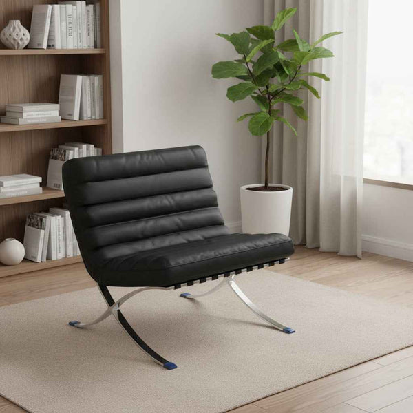 29" Black and Silver Tufted Leather and Upholstered Folding Lounge Chair