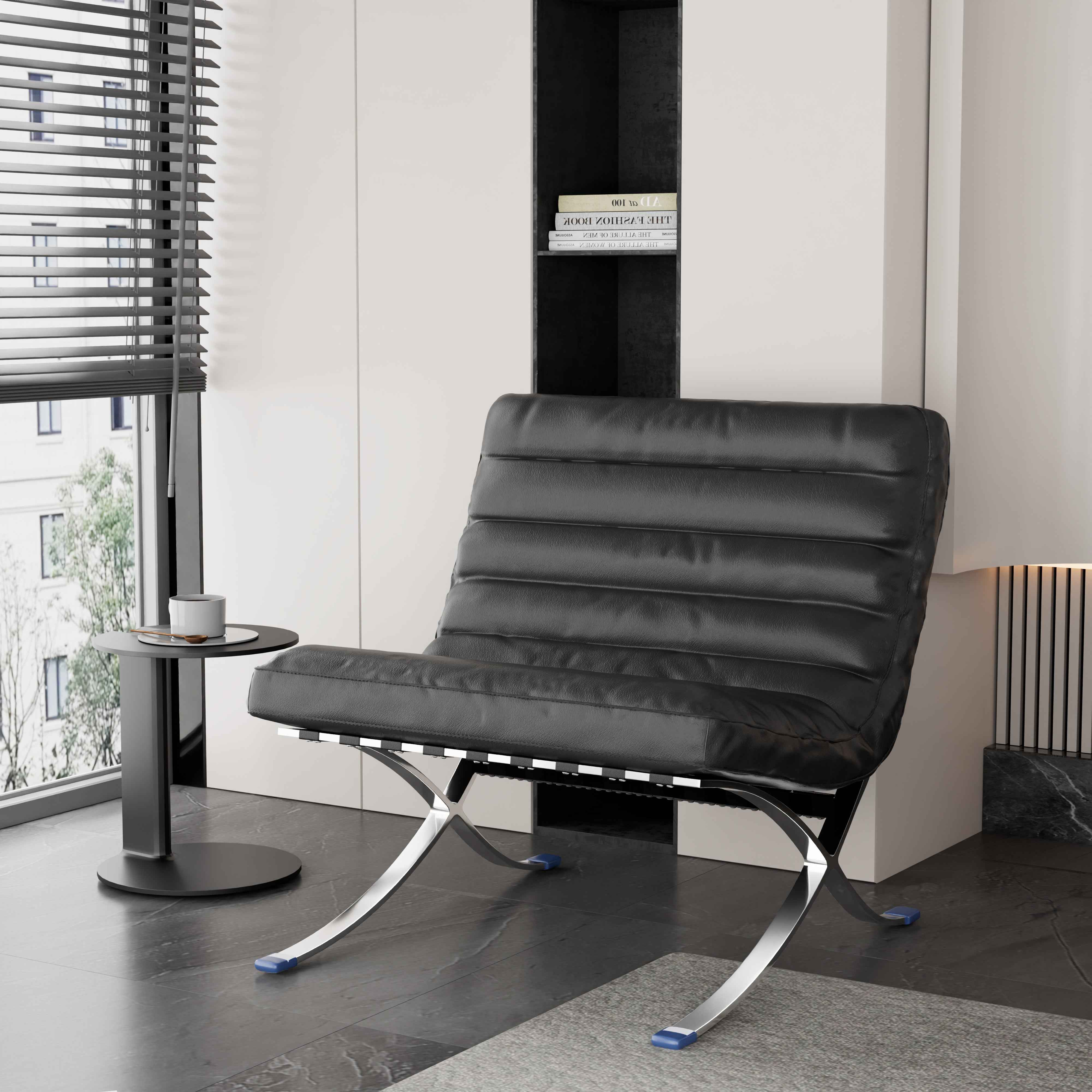 29" Black and Silver Tufted Leather and Upholstered Folding Lounge Chair