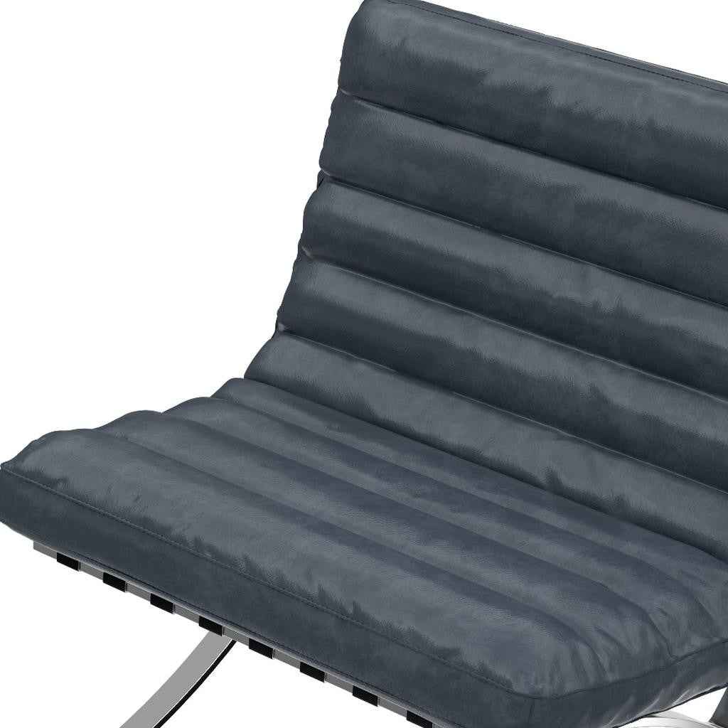 29" Blue and Silver Tufted Leather and Upholstered Folding Lounge Chair